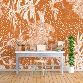 Papel pintado o fotomural fondo dibujo vintage plantas tropicales
