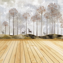 Papel pintado o fotomural ilustración bosque otoño con ciervo