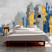 Papel pintado o fotomural pintura moderna grises azul y amarillo