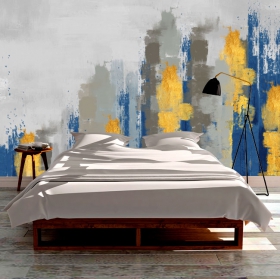 Papel pintado o fotomural pintura moderna grises azul y amarillo