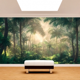 Fotomural o papel pintado ilustración selva tropical con palmeras iluminadas