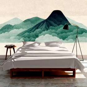 Fotomural o papel pintado ilustración montañas acuarela con texturas tonos verdes