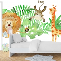 Fotomural o papel pintado dibujo infantil animales en acuarela