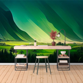 Fotomural o papel pintado pintura paisaje horizonte con montañas y efecto en el cielo