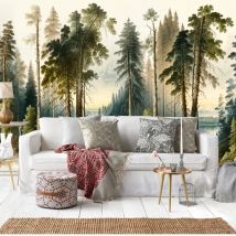 Fotomural o papel pintado ilustración bosque con pinos  árboles y lago