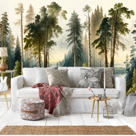 Fotomural o papel pintado ilustración bosque con pinos  árboles y lago