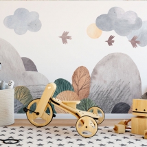 Fotomural o papel pintado ilustración infantil montañas y aves acuarela