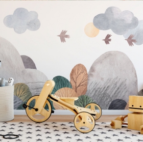 Fotomural o papel pintado ilustración infantil montañas y aves acuarela