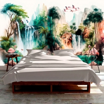 Fotomural o papel pintado ilustración paraiso tropical con lago cascadas y flamingos