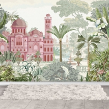 Papel pintado o fotomural dibujo palacete clásico en selva tropical