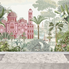 Papel pintado o fotomural dibujo palacete clásico en selva tropical