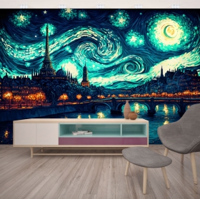 Papel pintado o fotomural pintura perfil de parís estilo van gogh noche estrellada