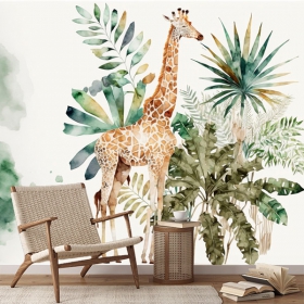 Papel pintado o fotomural pintura acuarela jirafa y plantas
