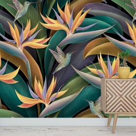 Papel pintado o fotomural dibujo planta ave del paraíso y colibrí patrón