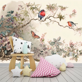 Papel pintado o fotomural dibujo acuarela pájaros mariposas y flores silvestres