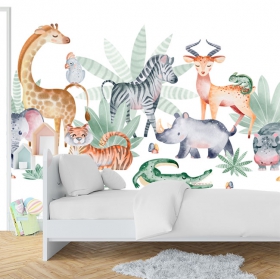 Papel pintado o fotomural ilustración en acuarela animales bebés infantil