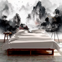 Papel pintado o fotomural dibujo acuarela paisaje asiático lago y templo