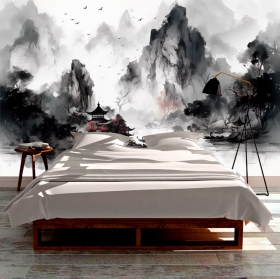 Papel pintado o fotomural dibujo acuarela paisaje asiático lago y templo