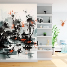 Papel pintado o fotomural dibujo pintura japonesa en tinta paisaje lago con barcos