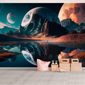 Papel pintado o fotomural planeta espacio exterior 3 lunas ciencia ficción
