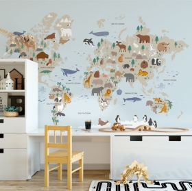 Papel pintado o fotomural dibujo mapa infantil con animales por zona