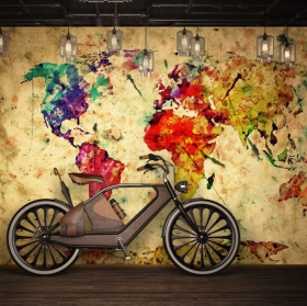 Papel pintado o fotomural dibujo mapamundi efecto acuarela y papel antiguo
