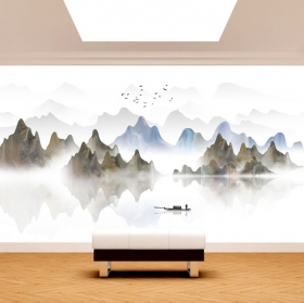 Fotomural o papel pintado fondo paisaje acuarela lago montañas barca pescador y aves