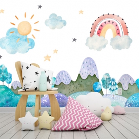 Fotomural o papel pintado dibujo infantil collage acuarela montañas cielo estrellas y arcoíris