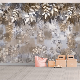 Papel pintado o fotomural dibujo flores y hojas grises cálidos decoración