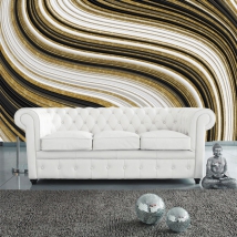 Papel pintado o fotomural dibujo ondas doradas negras y blancas textura decoración paredes