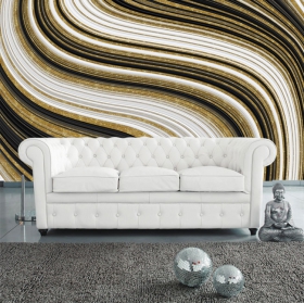 Papel pintado o fotomural dibujo ondas doradas negras y blancas textura decoración paredes