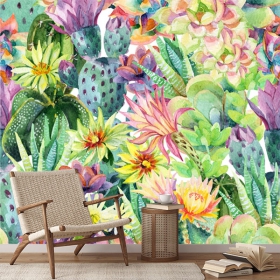 Papel pintado o fotomural ilustración flores tropical acuarela juvenil infantil