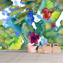 Papel pintado o fotomural dibujo acuarela flores y catus juvenil moderno