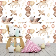 Papel pintado o fotomural dibujo animales infantiles unicornios y pájaros