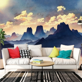 Papel pintado o fotomural dibujo montañas y bosque neblina acuarela