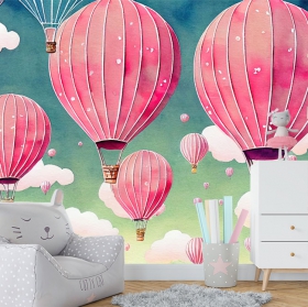 Papel pintado o fotomural dibujo globos rosa en el cielo infantil