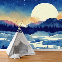 Papel pintado o fotomural dibujo acuarela paisaje bosque con pinos y luna y estrellas