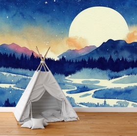 Papel pintado o fotomural dibujo acuarela paisaje bosque con pinos y luna y estrellas