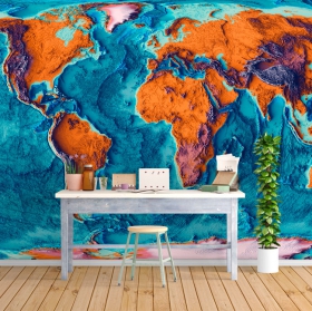 Papel pintado o fotomural mapamundi dibujo topográfico 3d
