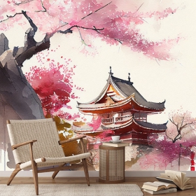 Papel pintado o fotomural dibujo paisaje japonés con templo en acuarela