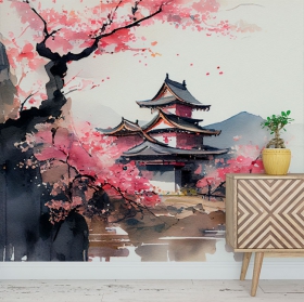 Papel pintado o fotomural ilustración en acuarela paisaje templo asiático