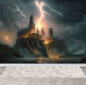 Fotomural o papel pintado dibujo castillo tenebroso con rayos de novela