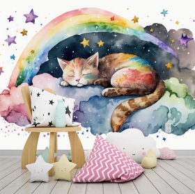 Fotomural o papel pintado dibujo gato mágico en cielo con estrellas y arcoiris