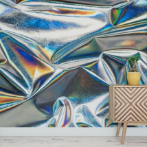 Papel pintado o fotomural fondo tela holográfica con texturas plateada