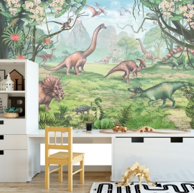 Papel pintado o fotomural ilustración dinosaurios en el bosque infantil juvenil