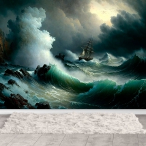 Papel pintado o fotomural ilustración barco capeando la tormenta