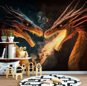 Papel pintado o fotomural ilustración pareja dragones majestuosos luz dorada